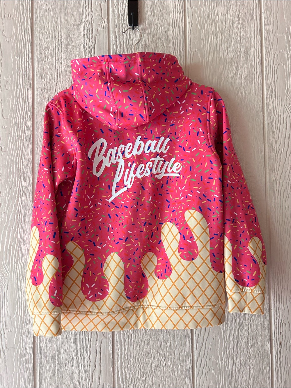 Kids Pink 'Baseball Lifestyle' Graphic Hoodie with Waffle Cone Print